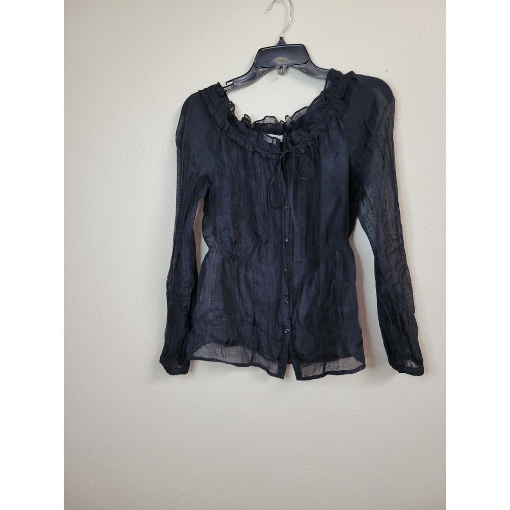 BCBGeneration Women's Sheer Ruffled Top Long‎ Sleeve Fairycore Blouse Black XS